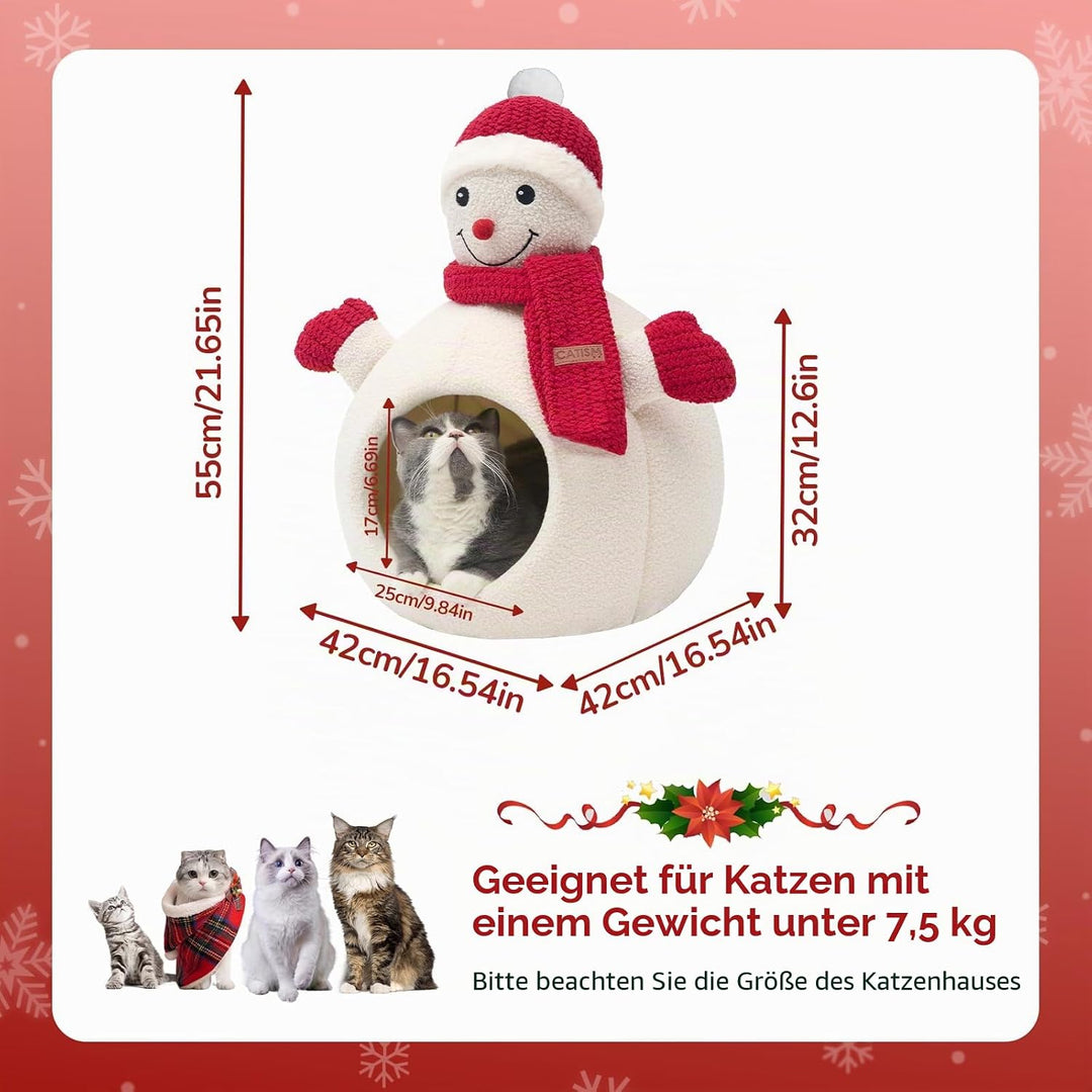 CATISM Weihnachten Katzenhöhle - 42 x 42 x 55 cm Katzenbett für Indoor-Katzen, Niedliche Schneemann