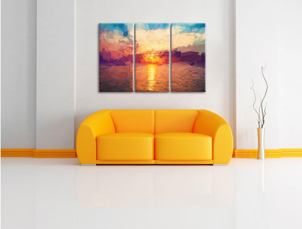 Pixxprint Sonnenaufgang am Meer Pinsel Effekt 3-Teiler Leinwandbild 120x80 Bild auf Leinwand