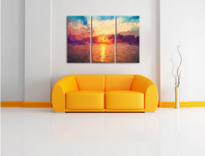 Pixxprint Sonnenaufgang am Meer Pinsel Effekt 3-Teiler Leinwandbild 120x80 Bild auf Leinwand