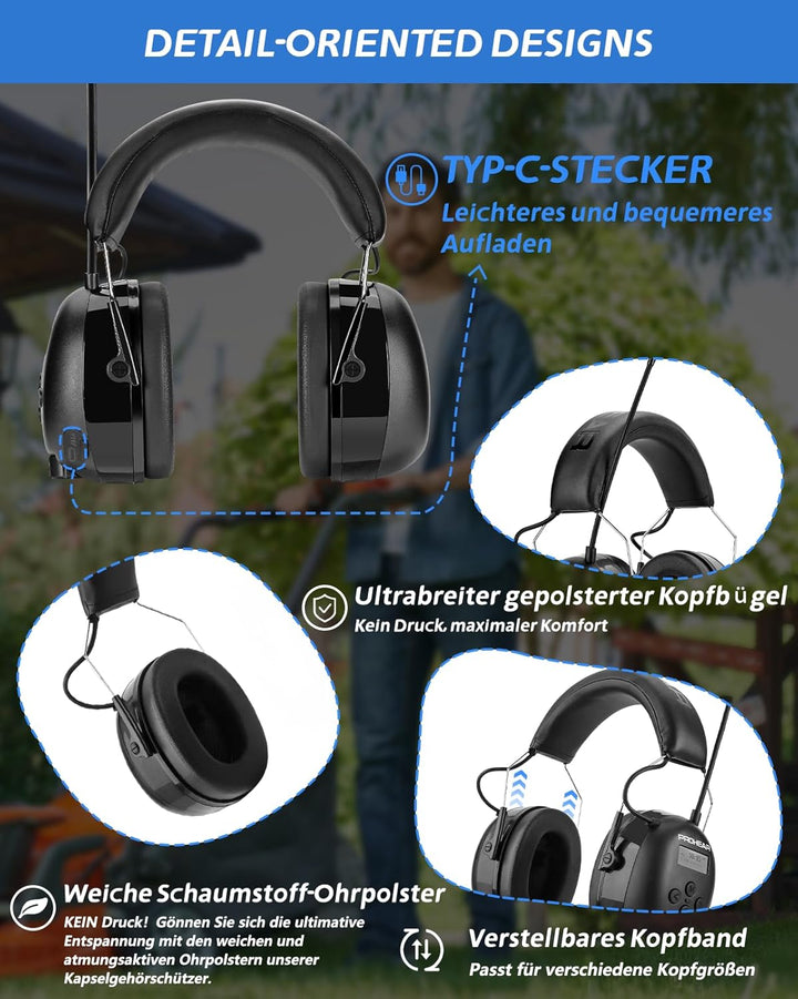 PROHEAR 033 Gehörschutz mit Radio, SNR31dB - Ohrenschützer mit Bluetooth FM/AM, Eingebautem Mikrofon