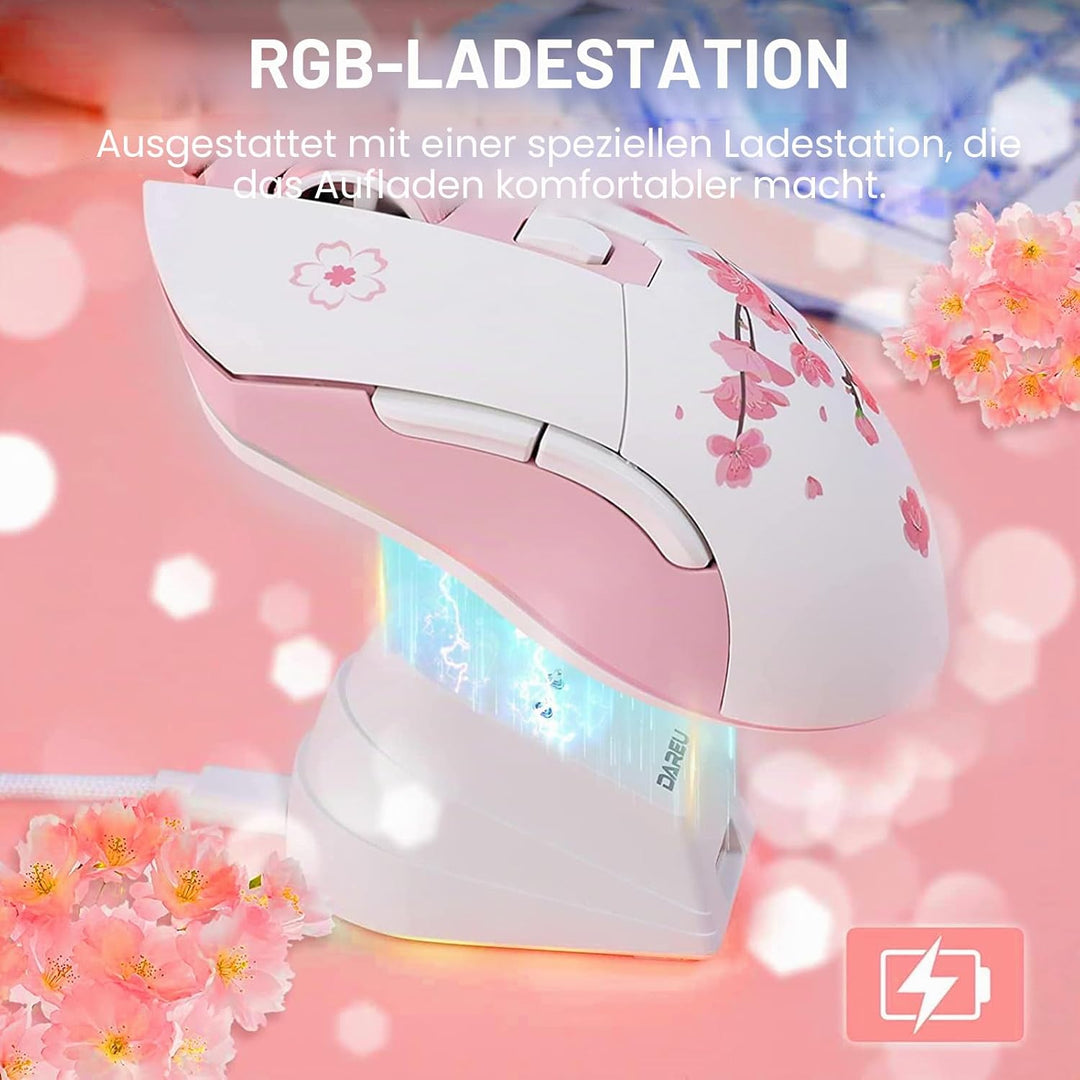 DAREU Sakura Pink Gaming Maus Kabellose mit Magnetic Charging Dock Wiederaufladbar RGB,12K DPI, 7 Pr