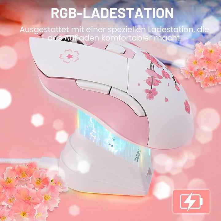 DAREU Sakura Pink Gaming Maus Kabellose mit Magnetic Charging Dock Wiederaufladbar RGB,12K DPI, 7 Pr