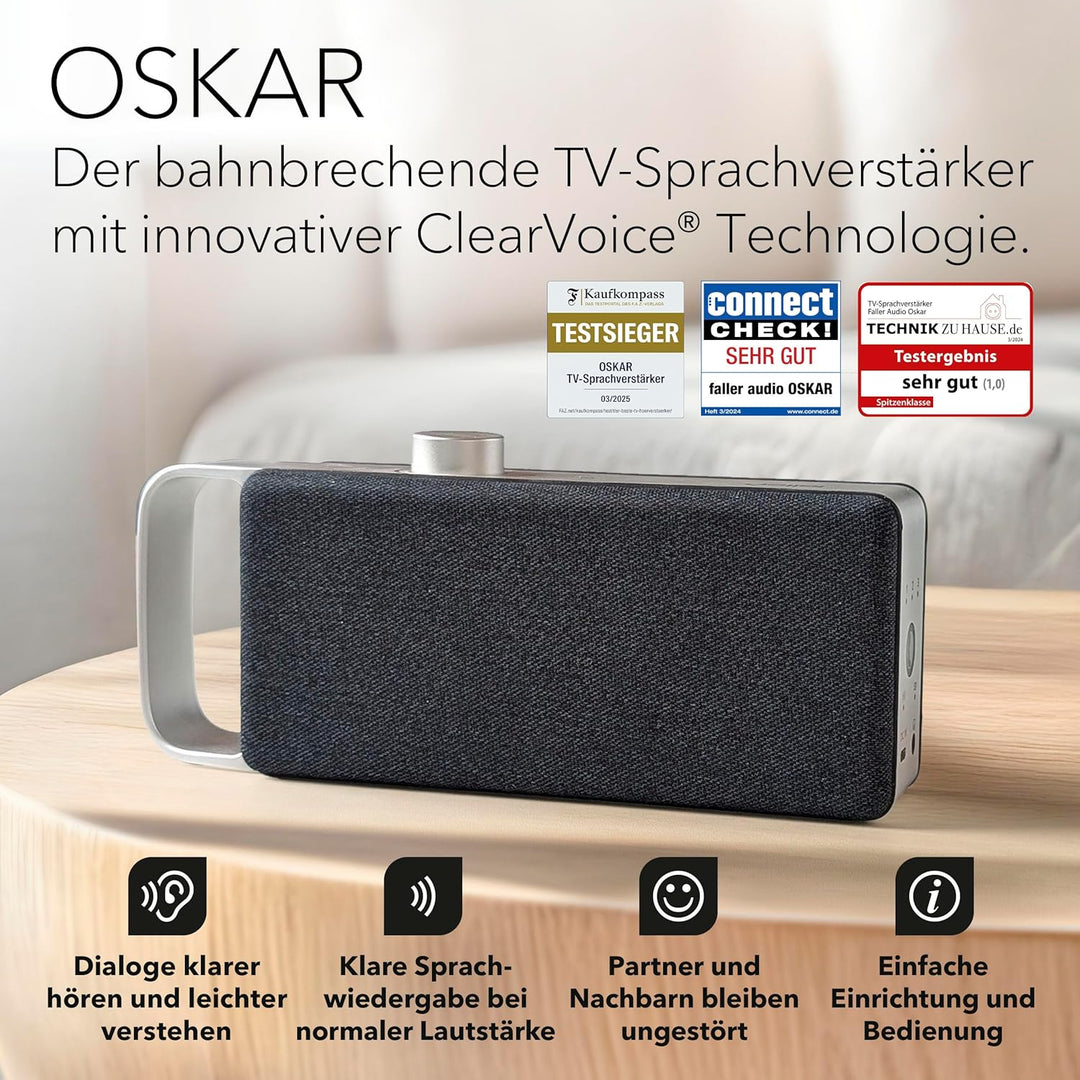 faller Oskar TV Lautsprecher/Soundbar mit Clear Voice (tragbar, kabellos, einfache Bedienung, Alumin