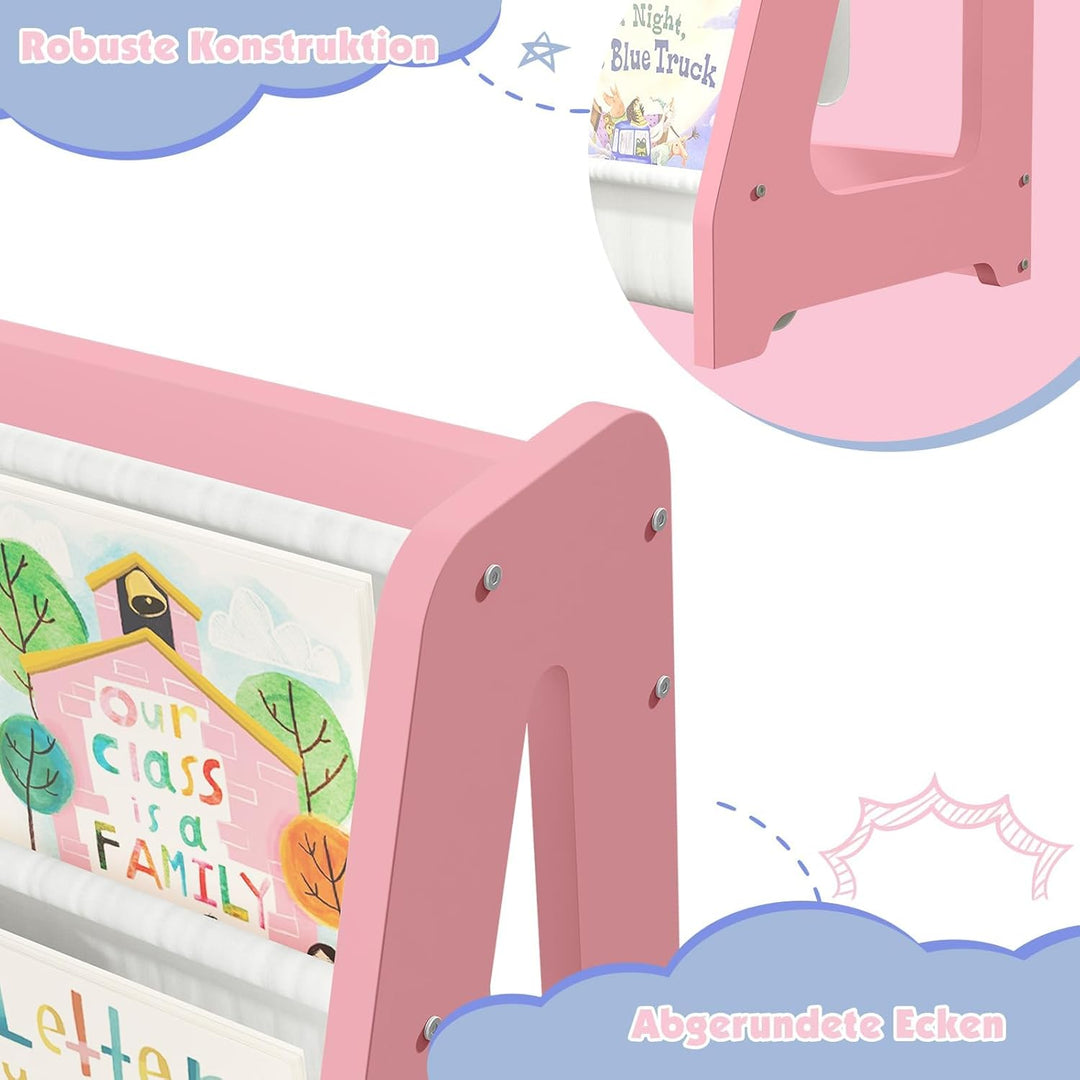 Bücherregal Kinder, Kinderregal mit 4 Stofffächern Kinderzimmer Regal 4 Ebenen Bücher-Organizer, 60x