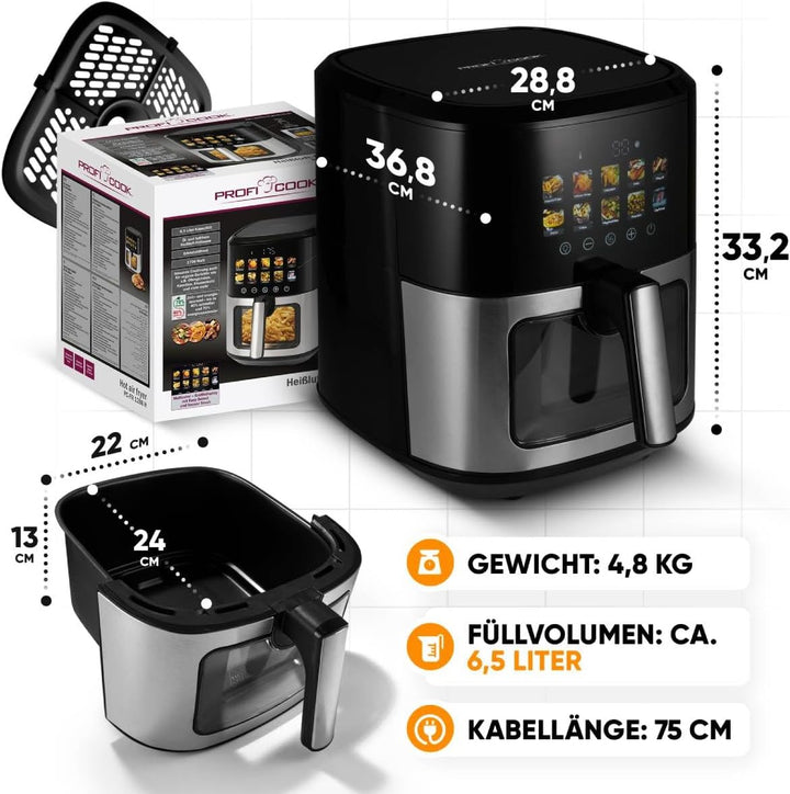 ProfiCook® Heissluftfritteuse 6,5L | Zubereitung ohne Öl oder Fett | Airfryer mit Color-Display | He