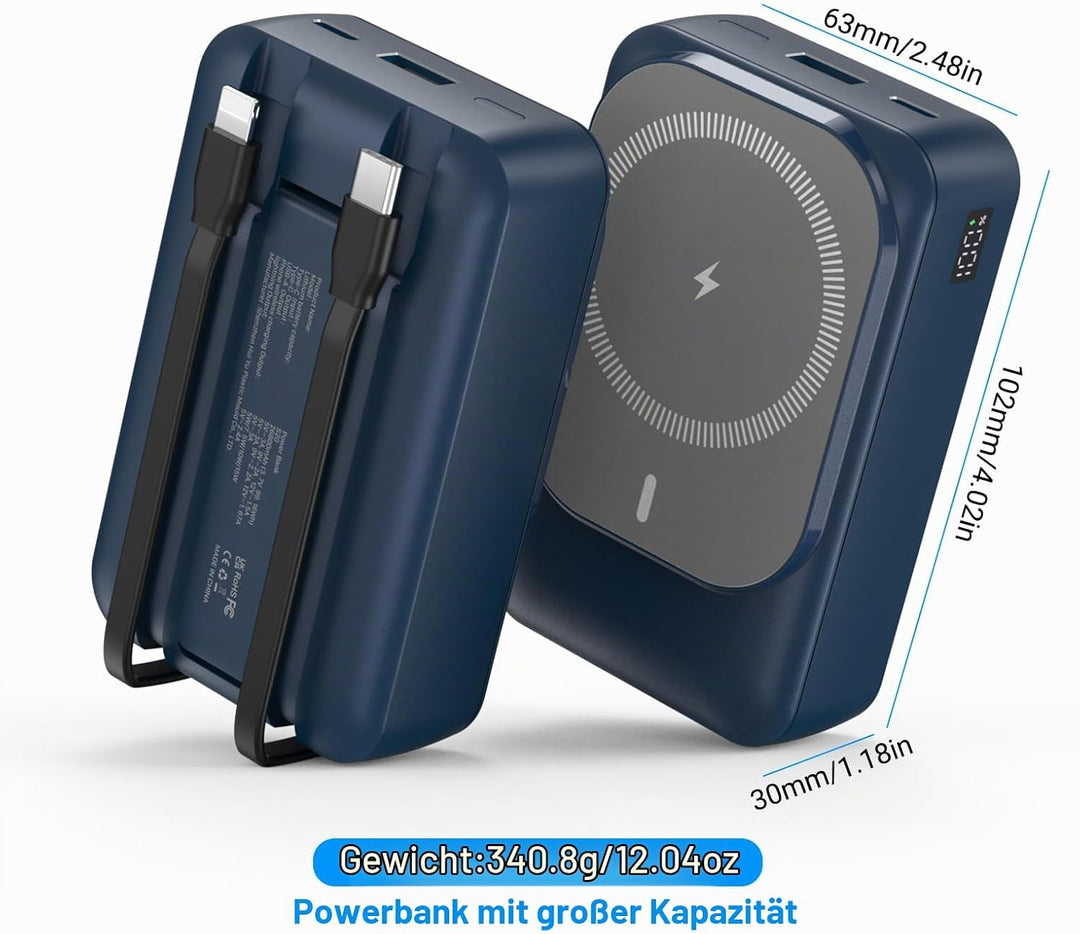 Magnetische Wireless Powerbank 26800mAh, Power Bank für Magsafe mit Eingebauten Kabeln, 5 Ausgänge P