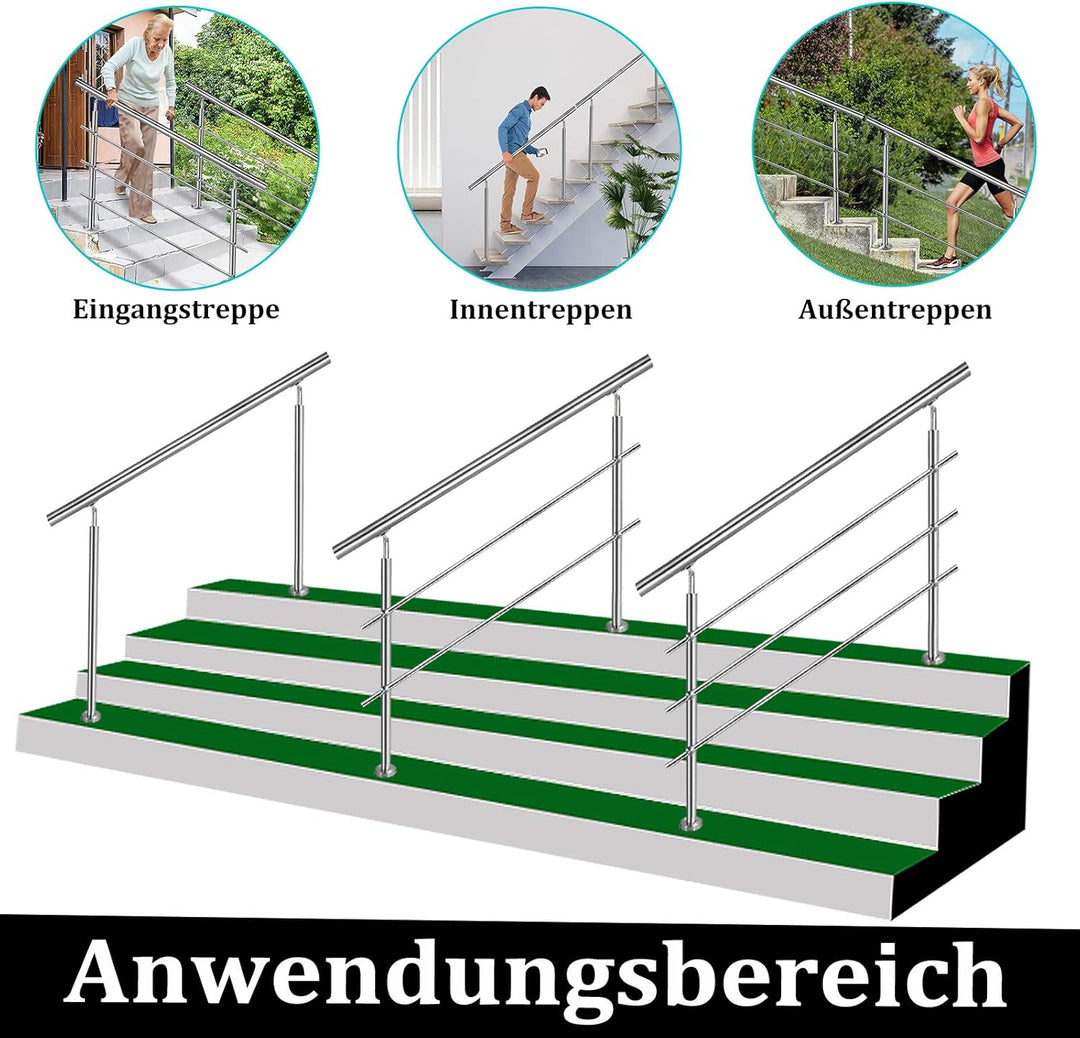 Aufun Edelstahl Handlauf 160cm Treppengeländer Innen und Aussen mit 2 Pfosten für Treppen, Brüstung,