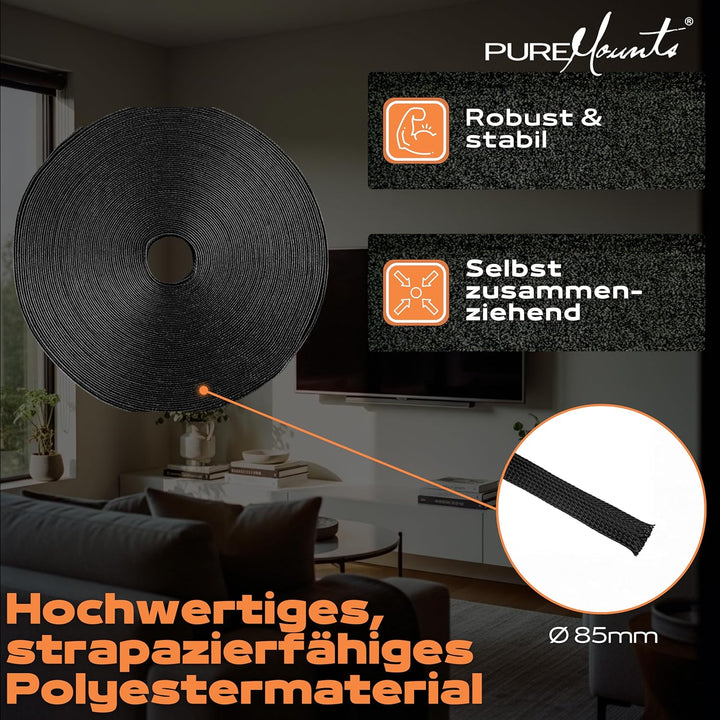 PureMounts PM-SOCKS-85B-50 universeller Polyester-Kabelschlauch (Klettverschluss, 85mm, Länge: 50m R