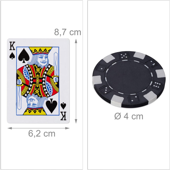 Relaxdays Pokerkoffer, 300 Pokerchips ohne Wert, 2 Kartendecks, 5 Würfel, Dealerbutton, abschliessba