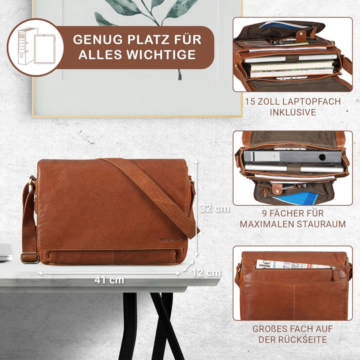 STILORD 'Tom' Vintage Leder Umhängetasche für Studium Uni Büro Arbeit 15 Zoll Laptoptasche DIN A4 Sc