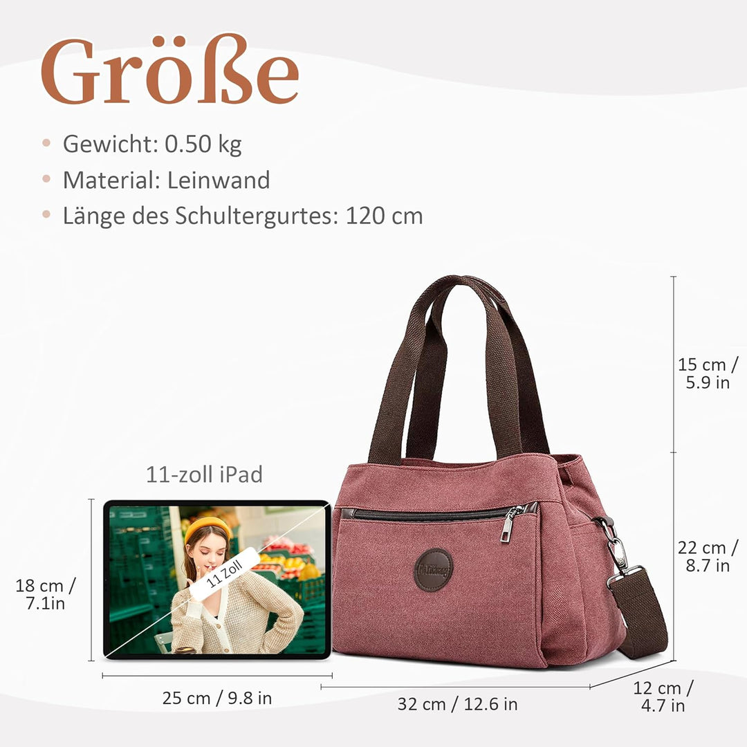 DIRRONA Canvas Tasche Damen – Vintage Handtasche Damen, Grosse Umhängetasche mit Mehreren Fächern, V