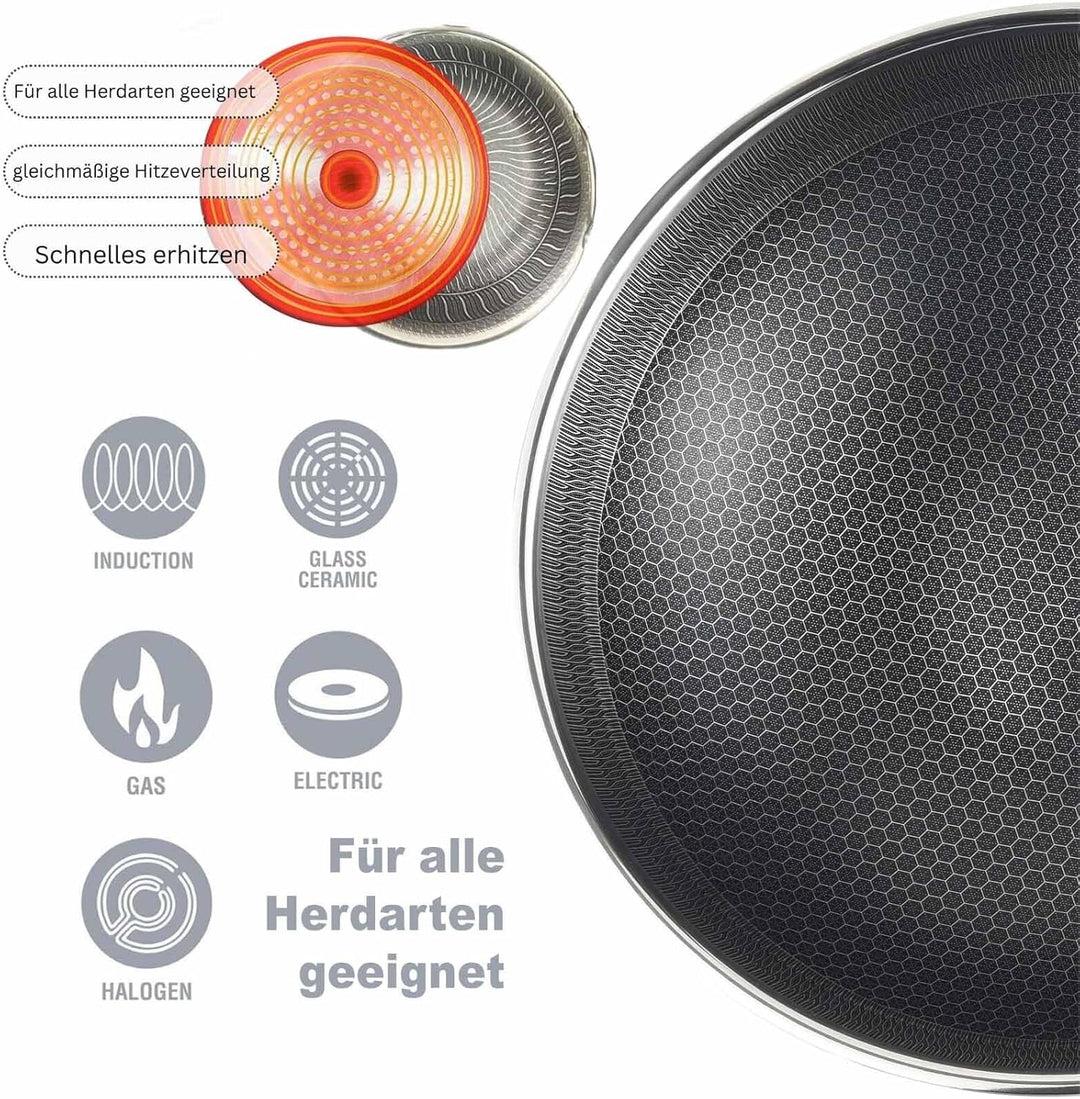 Kochtopf Ø28 cm aus Edelstahl mit Glasdeckel 3,5 L Induktion Schmortopf Bräter Antihaft Wabenstruktu