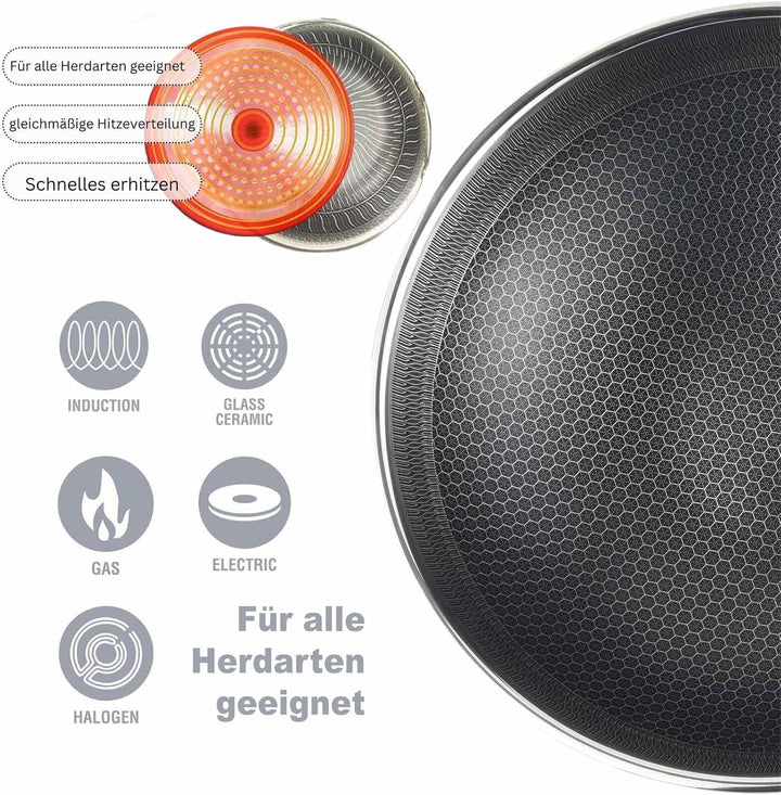 Kochtopf Ø28 cm aus Edelstahl mit Glasdeckel 3,5 L Induktion Schmortopf Bräter Antihaft Wabenstruktu