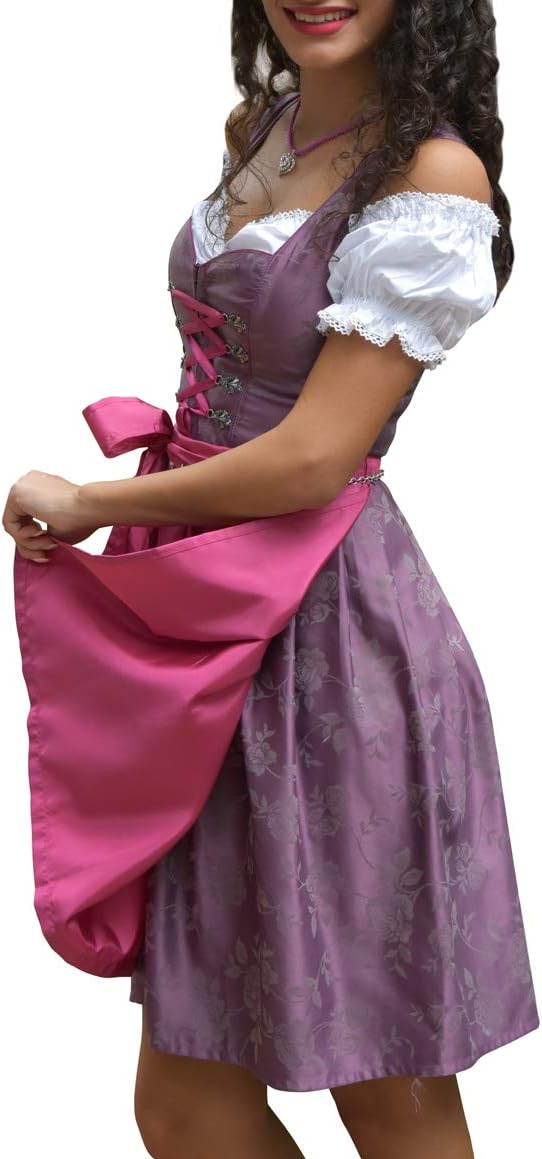 Golden Trachten-Kleid Dirndl Damen 3 TLG, Midi für Oktoberfest, mit Schürze und Bluse 486GT,Lila,38