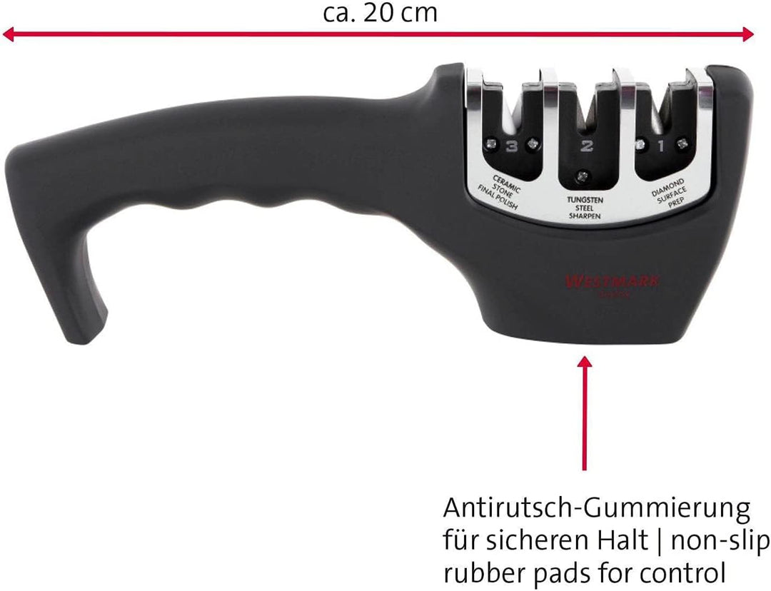 Westmark 3 Stufen-Messerschärfer mit Diamant-/Wolfram-/Keramik-Schleifsteinen, Deluxe, Schwarz/Silbe