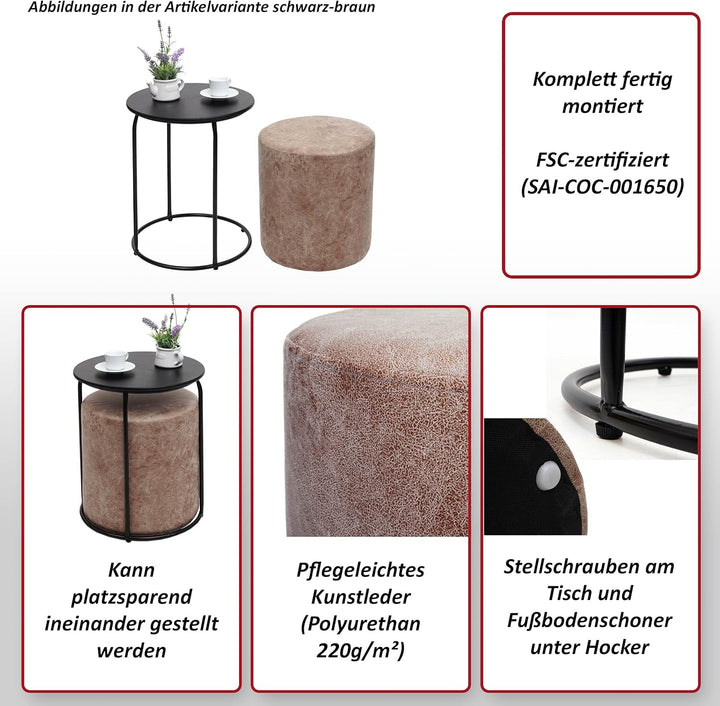 Mendler 2er-Set Sitzhocker und Beistelltisch HWC-K48, Kaffeetisch Tisch Hocker, MVG-Zertifiziert MDF