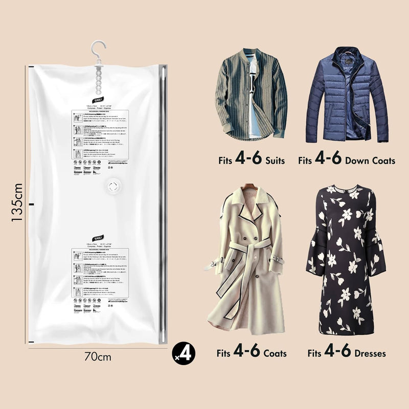 TAILI Hängende Vakuumbeutel für Kleidung, 4 Packungen (135x70cm), Vakuumierbeutel Kleidung für Anzüg