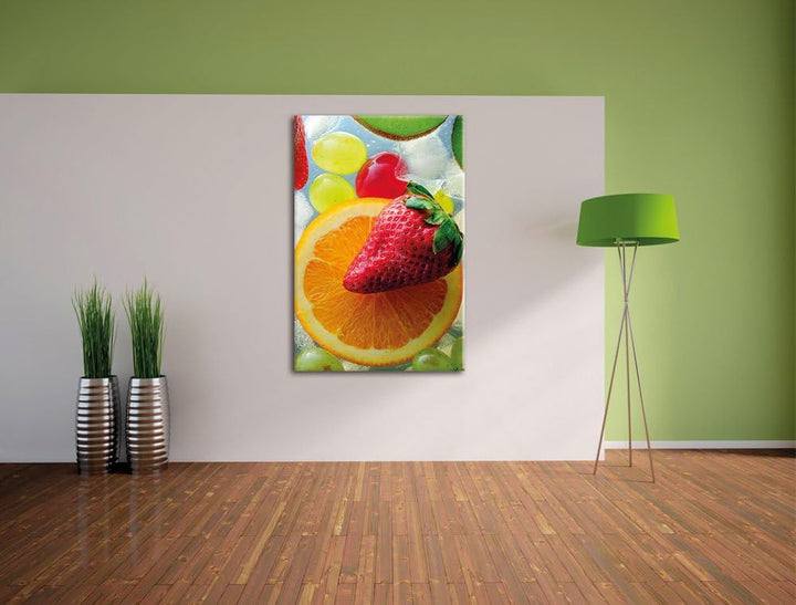 Orange mit Erdbeere, Format: 100x70 auf Leinwand, XXL riesige Bilder fertig gerahmt mit Keilrahmen,
