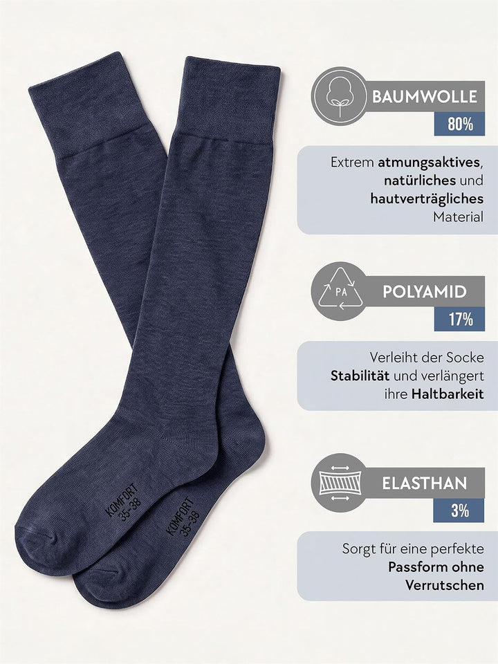 normani 6 Paar Original Business Kniestrümpfe Baumwolle mit Elasthan ohne Gummidruck Marine 39-42, M