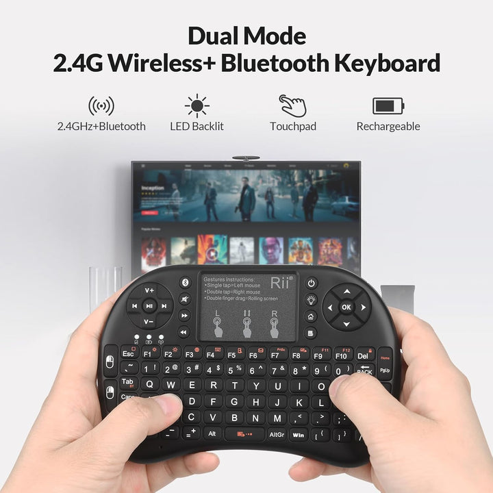 Rii Mini i8+ Wireless (QWERTY US Layout) - Mini Beleuchtete Tastatur mit Multi-Touch Maus-Pad für Sm