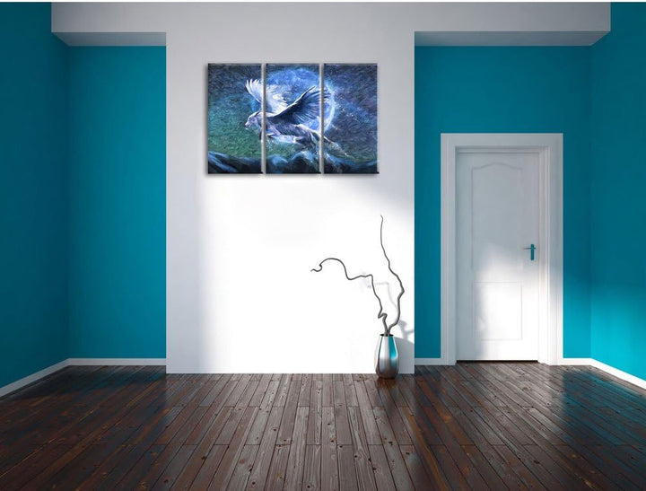 Pixxprint Wolf mit Flügeln Kunst / 3-Teilig/Gesamtmass 120cm Leinwandbild bespannt auf Holzrahmen/Wa
