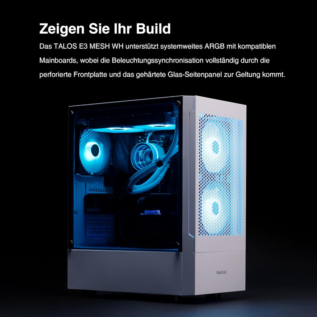 GAMDIAS Talos E3 Mesh WH Gaming PC-Gehäuse, Mid-Tower ATX-Gehäuse mit seitlicher gehärteter Glassche