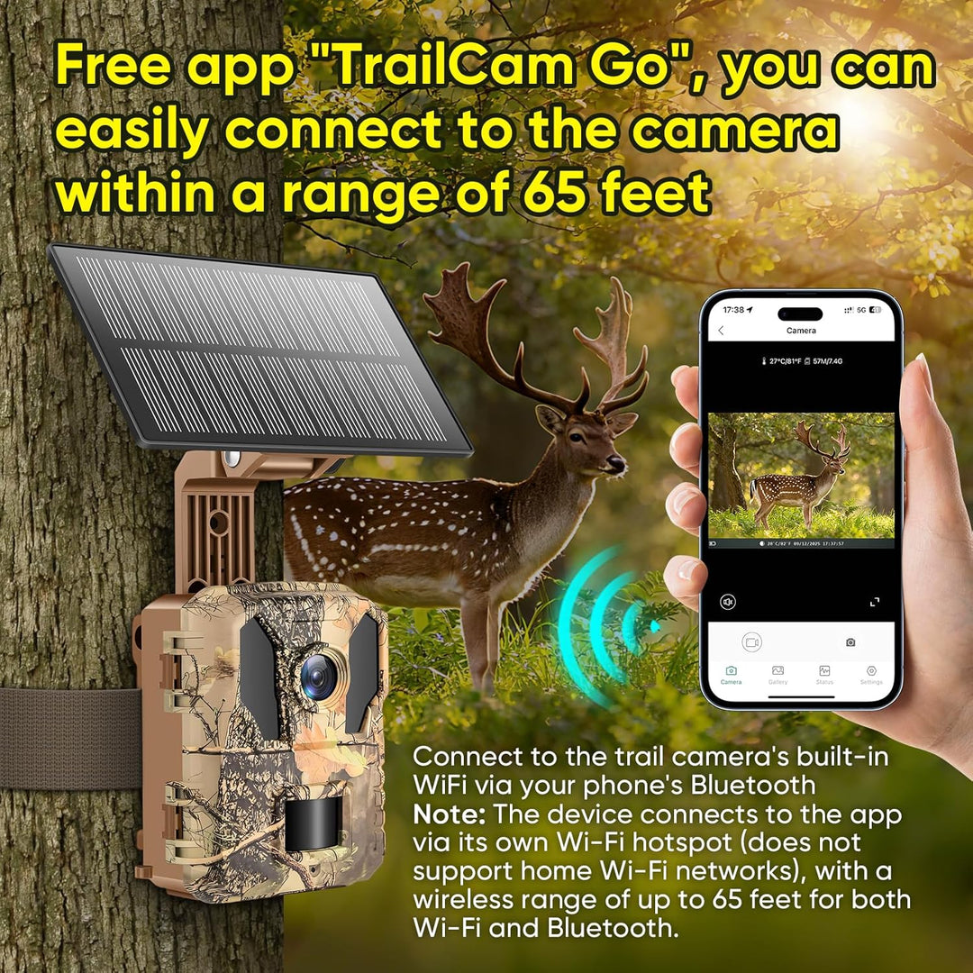 MYPIN Wildkamera 4K 64MP, Solar WLAN Jagdkamera mit Nachtsicht, 5000mAh Akku, IP66 Wasserdicht, Bewe
