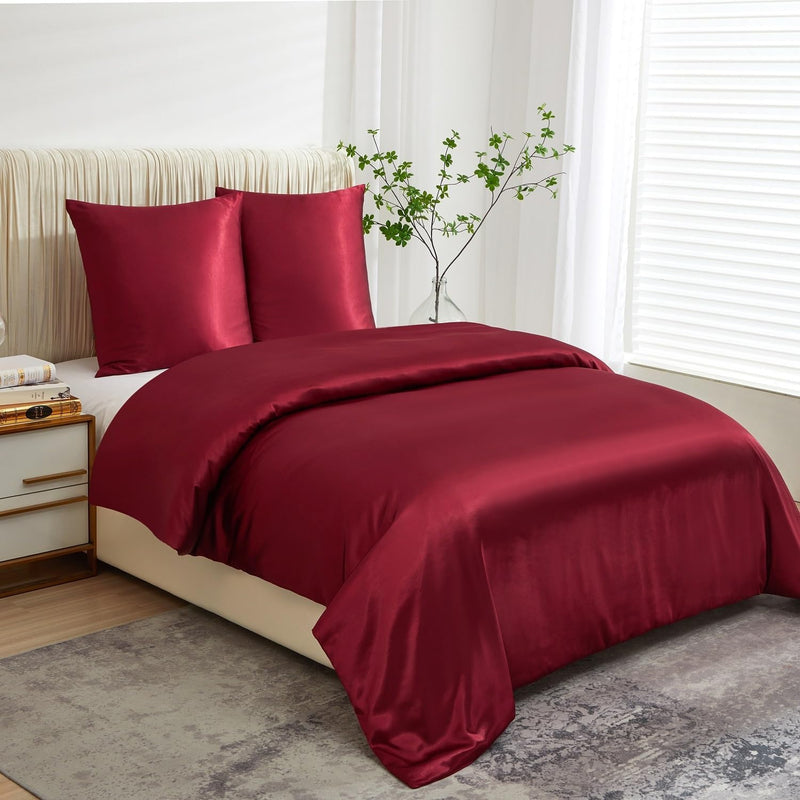 Luowei Satin Bettwäsche 155x220 3tlg Weinrot Einfarbig Uni Glänzend Glatt 1 Bettbezug mit 2er Set 80