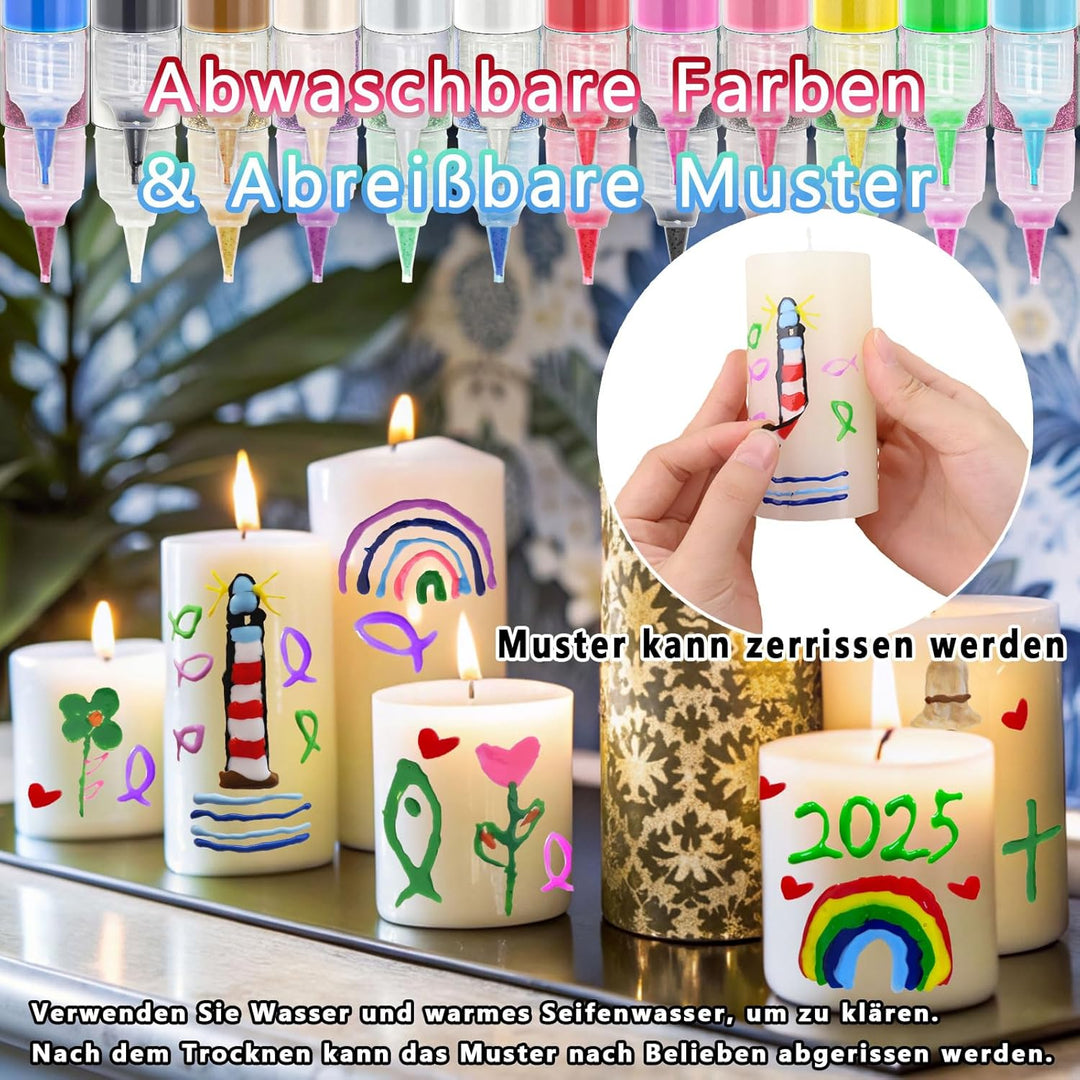 ALLAVA 12 Stück Kerzenstifte, Kerzen Bemalen Set 10ml Wachsstifte für Kerzen, Taufkerze Selber Mache