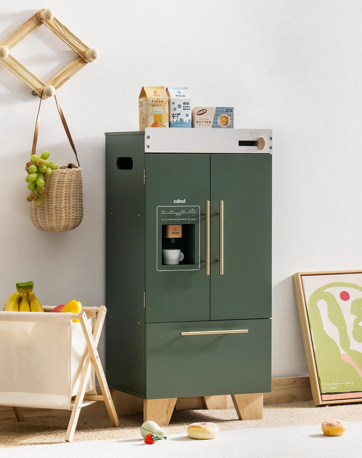 ROBUD Kinderküche Kühlschrank Holz, Kinder Spielküchen Zubehör mit Getränkeautomat - Simulation Spie