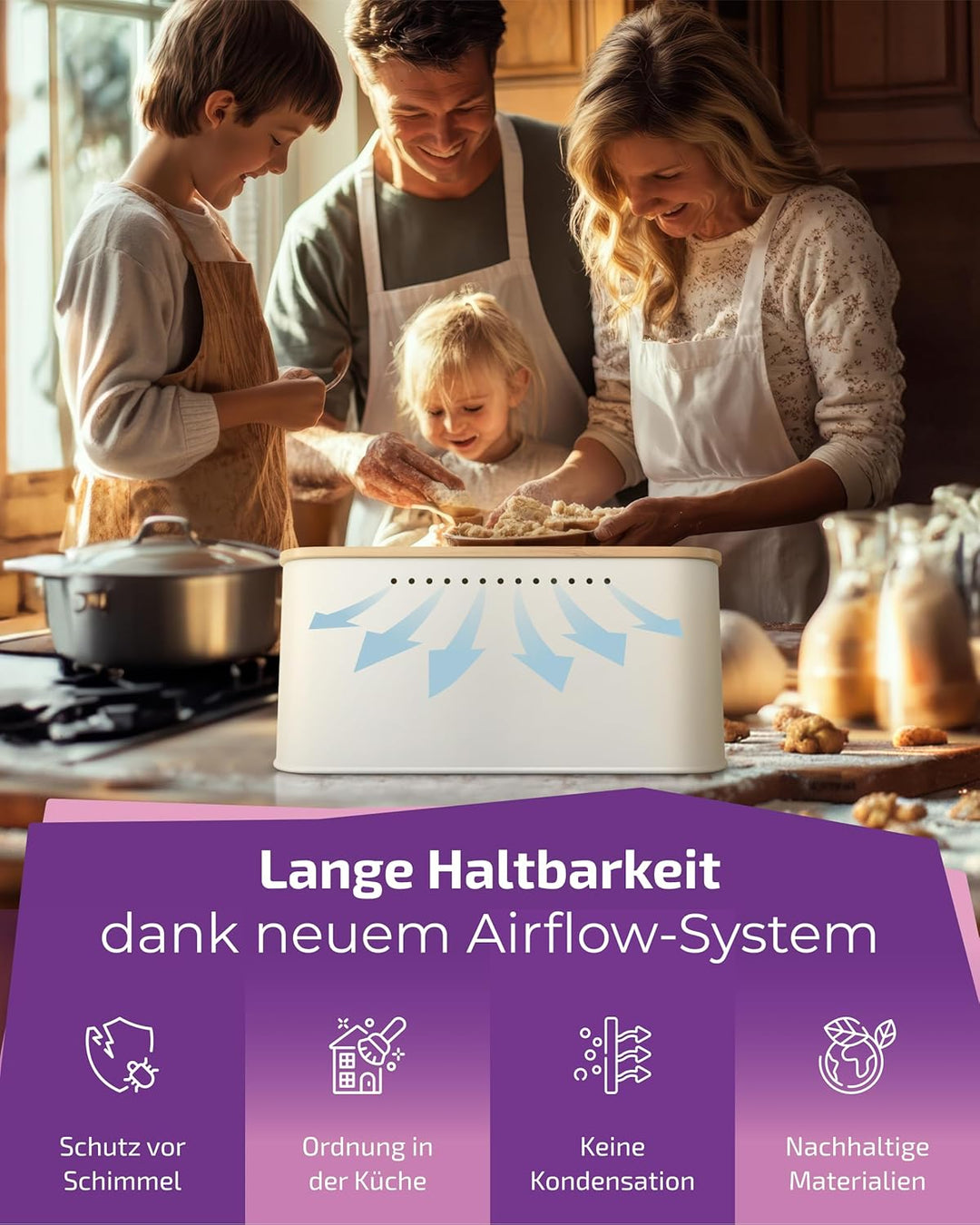 Brotkasten Weiss – Brotbox mit Bambusdeckel als Schneidebrett [2in1 Brotbehälter]- inklusive gratis
