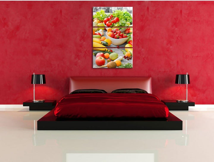 Pixxprint Buntes Obst und Gemüse als Leinwandbild/Grösse: 3 Teilig (120x80 cm) cm/Wandbild/Kunstdruc