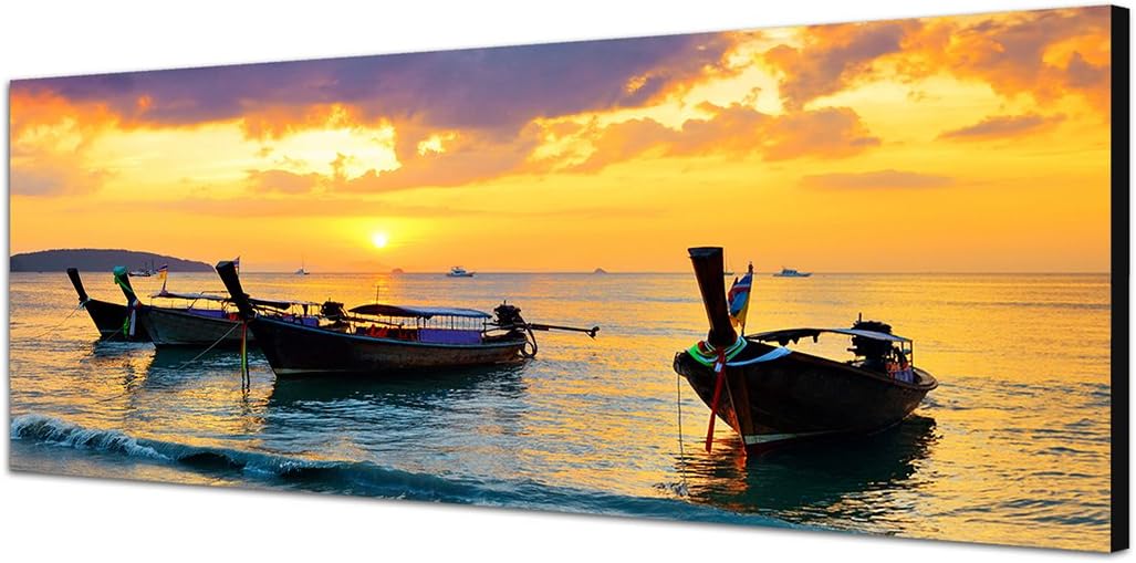 Paul Sinus Art Panoramabild auf Leinwand und Keilrahmen 150x50cm Thailand Strand Fischerboote Abends