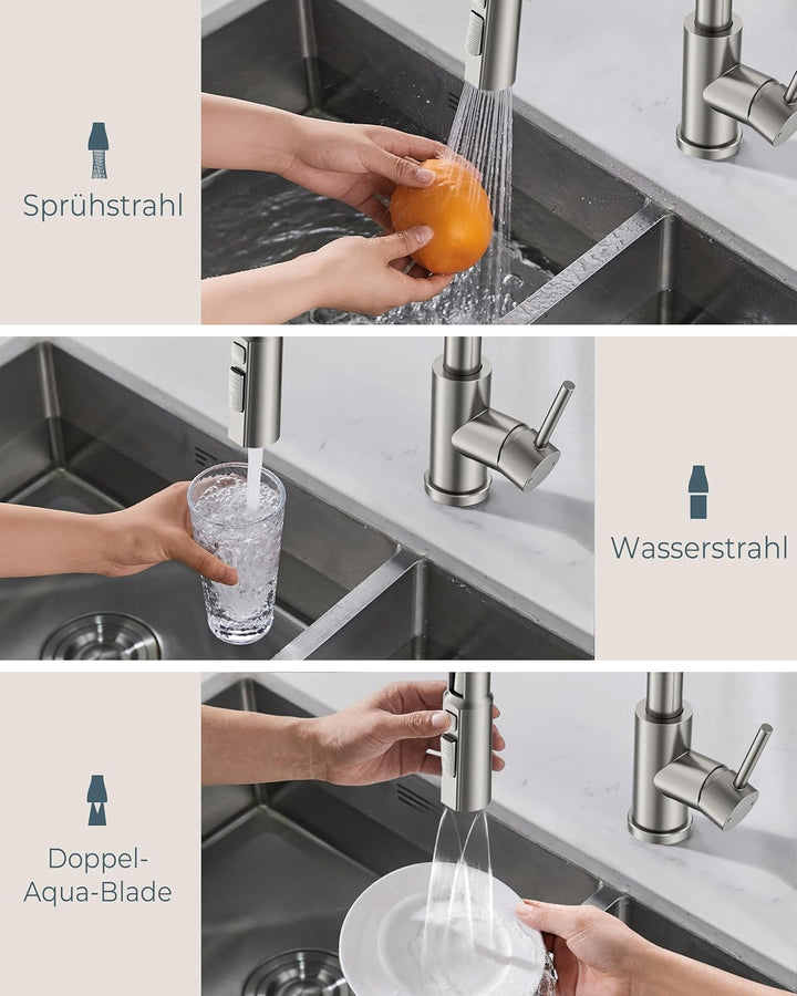 FORIOUS Wasserhahn Küche, Ausziehbare Küchenarmatur, Einhebel-Mischbatterie Küche mit 3 Strahlfunkti