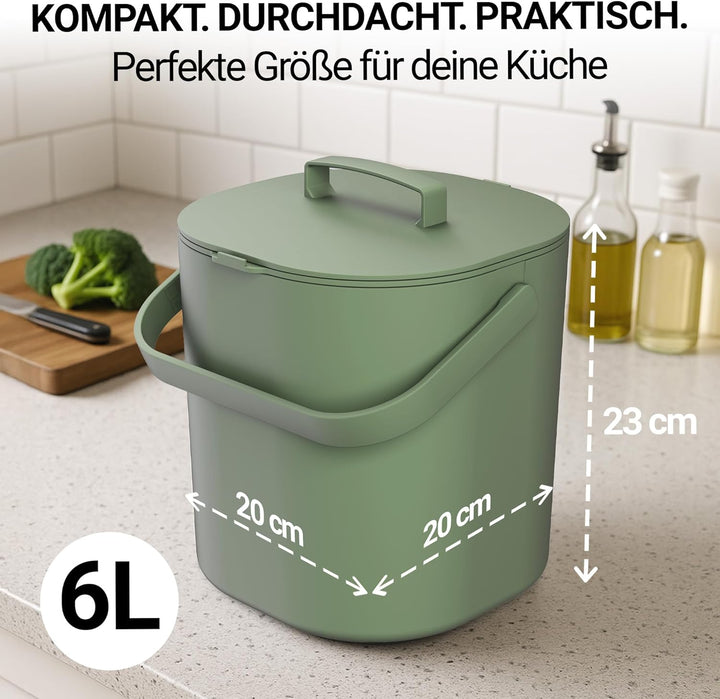 PTMS® Biomülleimer Küche 6L - Biomüll mit praktischem Deckel zum Einhängen & Innensieb - Spülmaschin