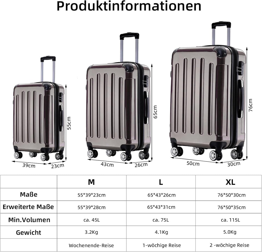 BEIBYE Hartschalen Koffer Trolley Rollkoffer Reisekoffer 4 Zwillingsrollen Polycabonat (Coffee, Hand