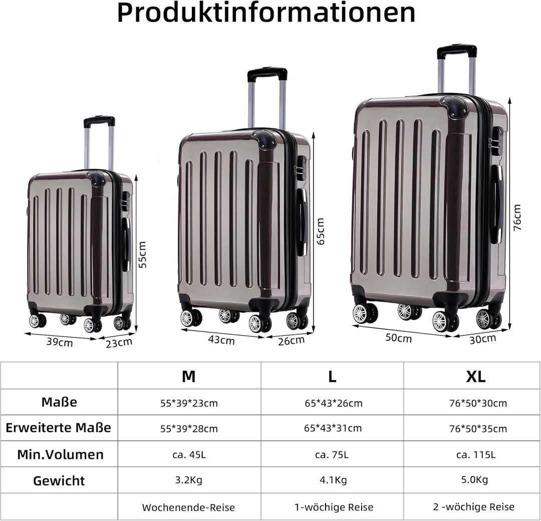 BEIBYE Hartschalen Koffer Trolley Rollkoffer Reisekoffer 4 Zwillingsrollen Polycabonat (Coffee, Koff