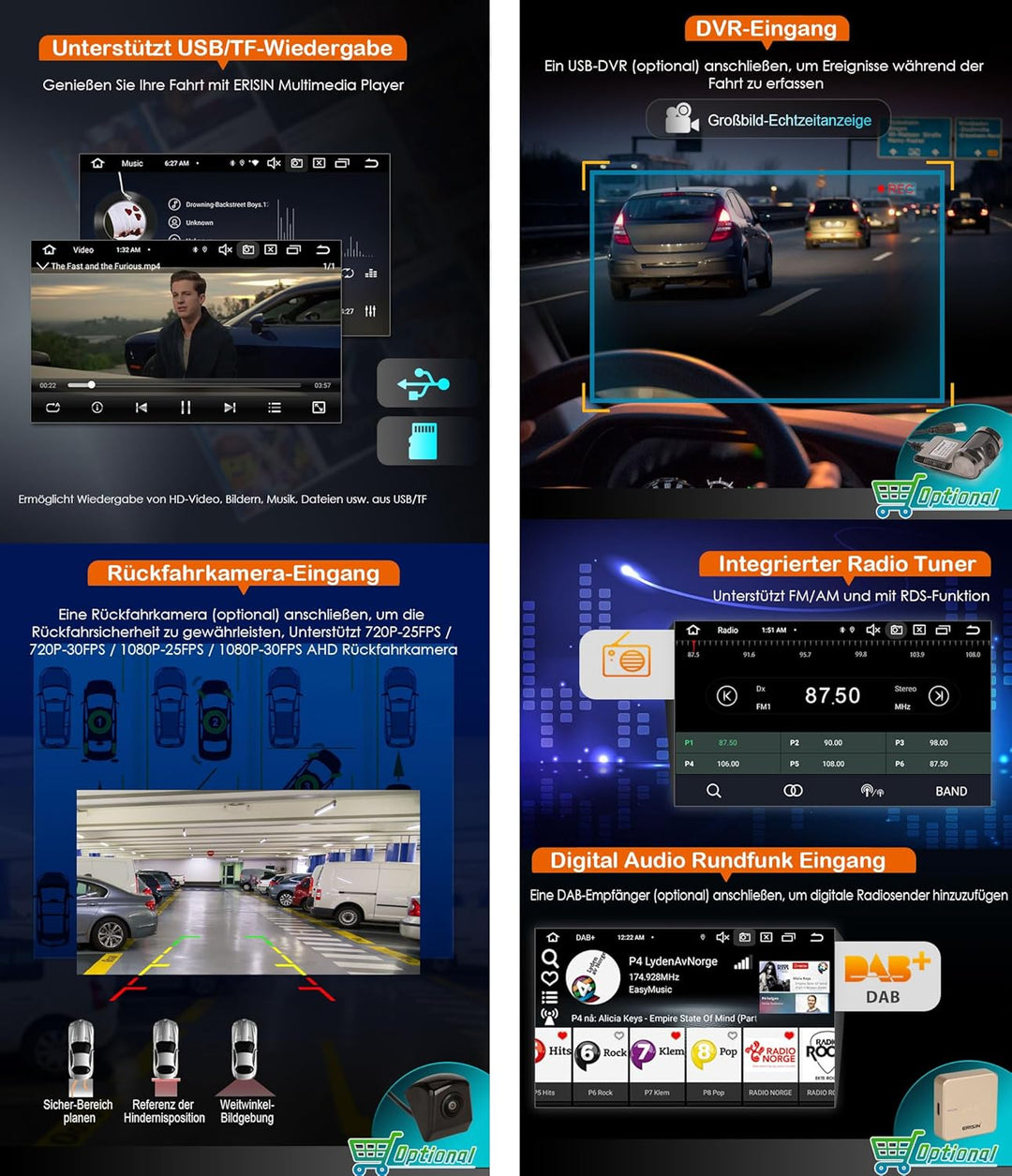 Erisin 8-Kern 4GB+64GB 7 Zoll Android 14 Autoradio GPS Navigation für VW Passat B6 Golf 5 Golf 6 Tou