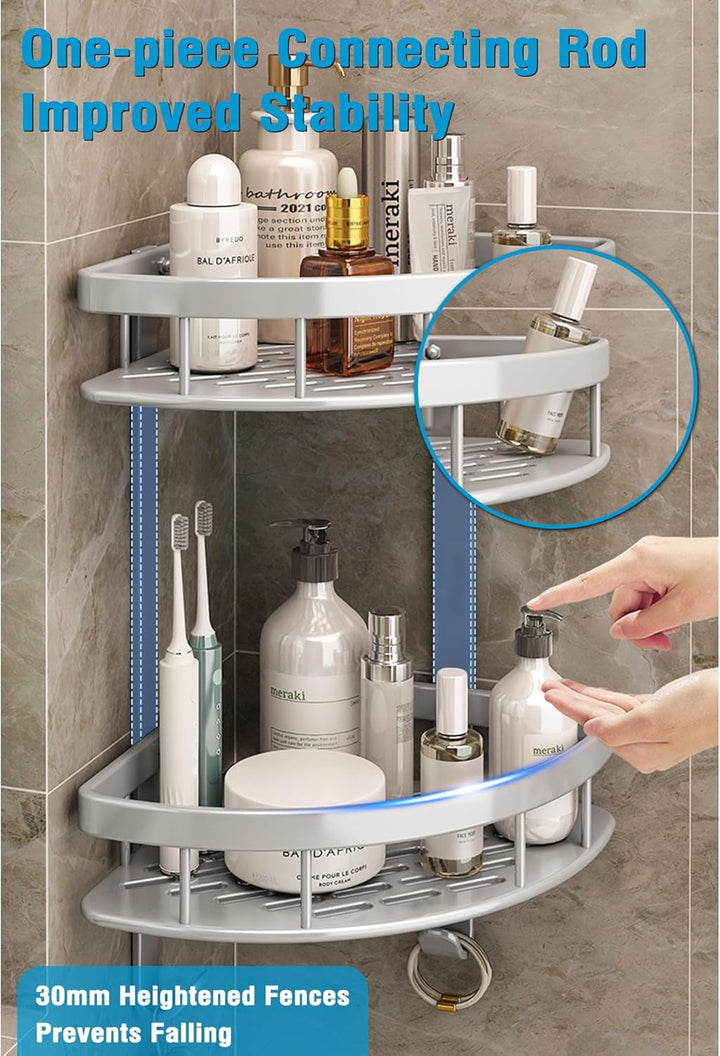 GERUIKE Duschkorb Ecke, Duschregal, Duschablage Ohne Bohren | Wandmontage, mit Klebepad, Silber, Alu