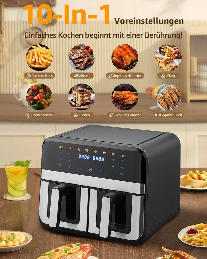 9L XXL Doppelkammer Heissluftfritteuse mit 2 Körben, 8 Programmen & Smart Finish – Dual Zone Airfrye