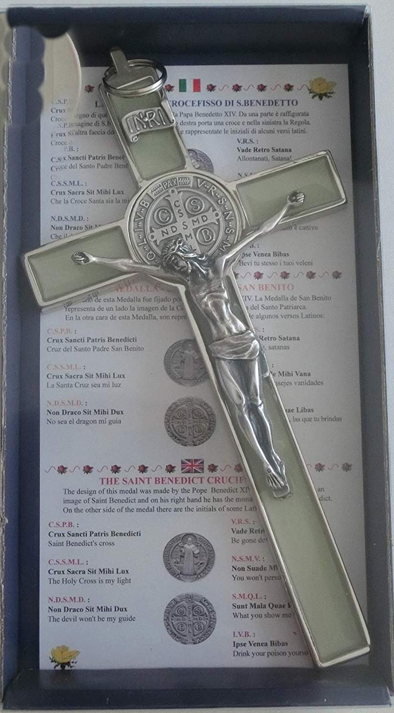 10.004.10 Fluo Kreuz Fluo Silber Phosphoreszente San Benedikt 20 cm emailliert mit Box Geschenk Sain