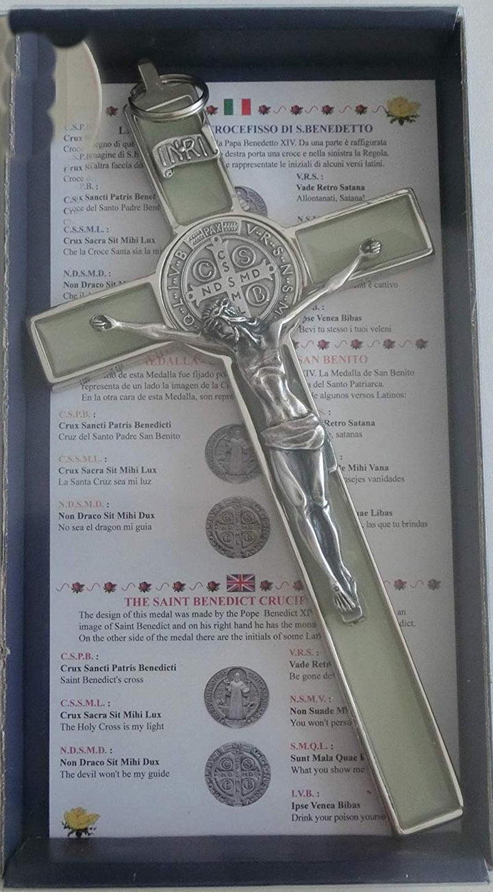 10.004.10 Fluo Kreuz Fluo Silber Phosphoreszente San Benedikt 20 cm emailliert mit Box Geschenk Sain
