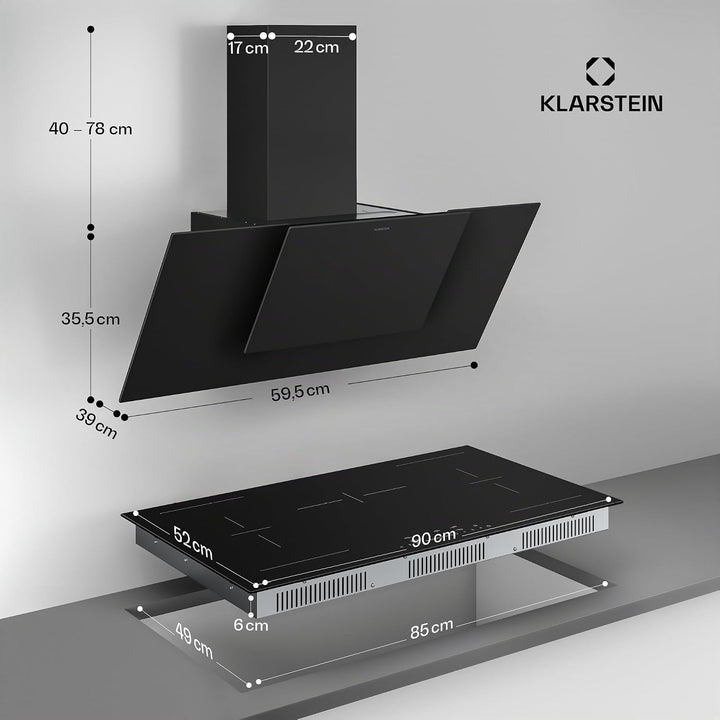Klarstein HaloSync Induktionskochfeld mit Dunstabzug 90 cm – 5 Zonen, 11400W Boost, Touch-Slider, Fl