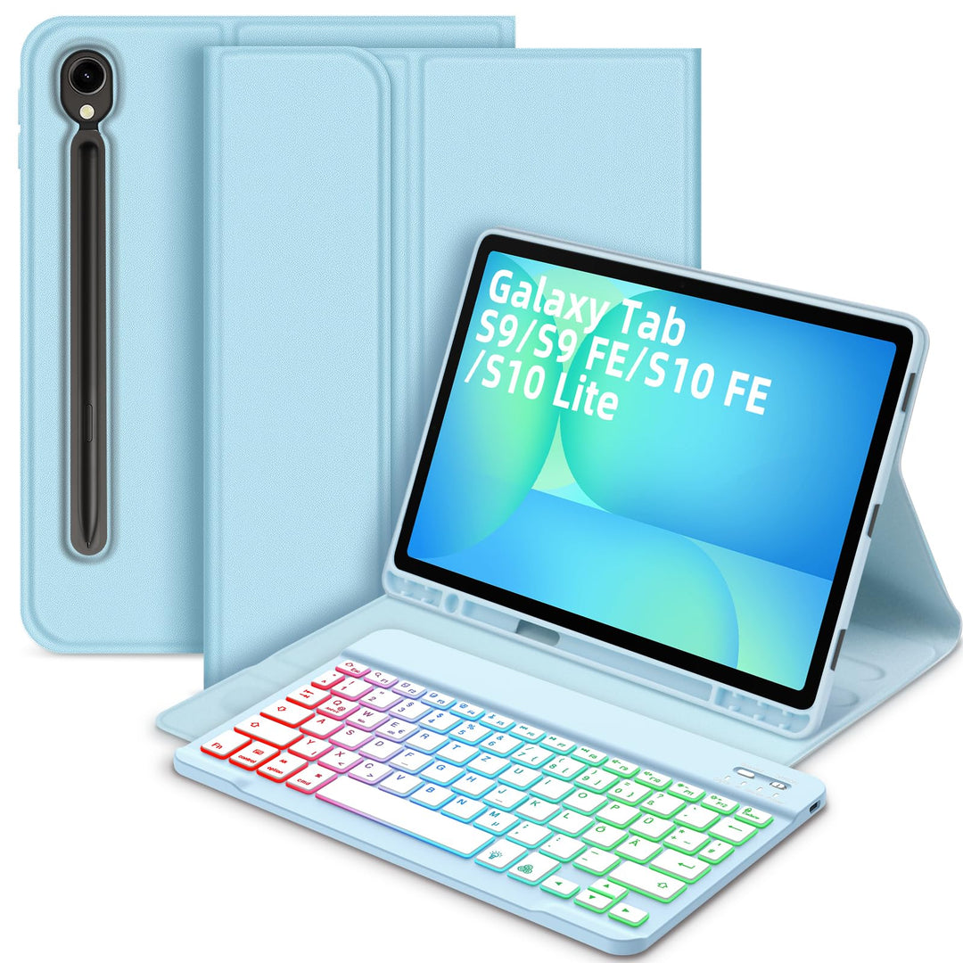 Bettdow für Samsung Galaxy Tab S9 FE 2023 Tastatur Hülle, QWERTZ Layout Abnehmbarer Beleuchtete Tast