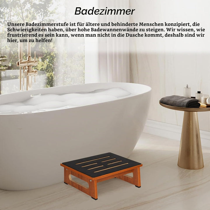 EIN hölzerner Tritthocker 14cm für Erwachsene und Senioren mit Rutschfester Gummiauflage, für drinne