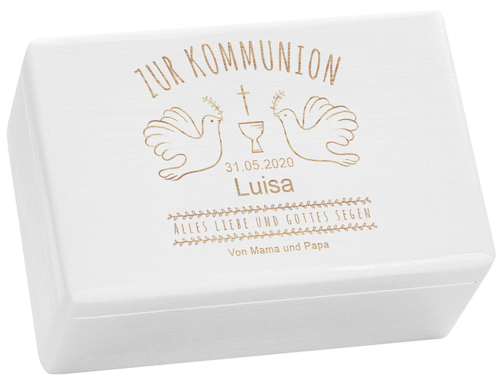 LAUBLUST Holzkiste zur Kommunion - Tauben Motiv | Geschenkkiste Personalisiert mit Gravur, FSC® (Wei