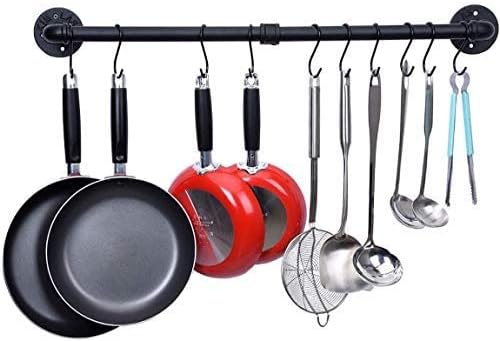 WuGeShop Topfregal Wandhalterung, Pfannenaufhänger Stange mit 10 Haken, Küchenutensilienregal Organi