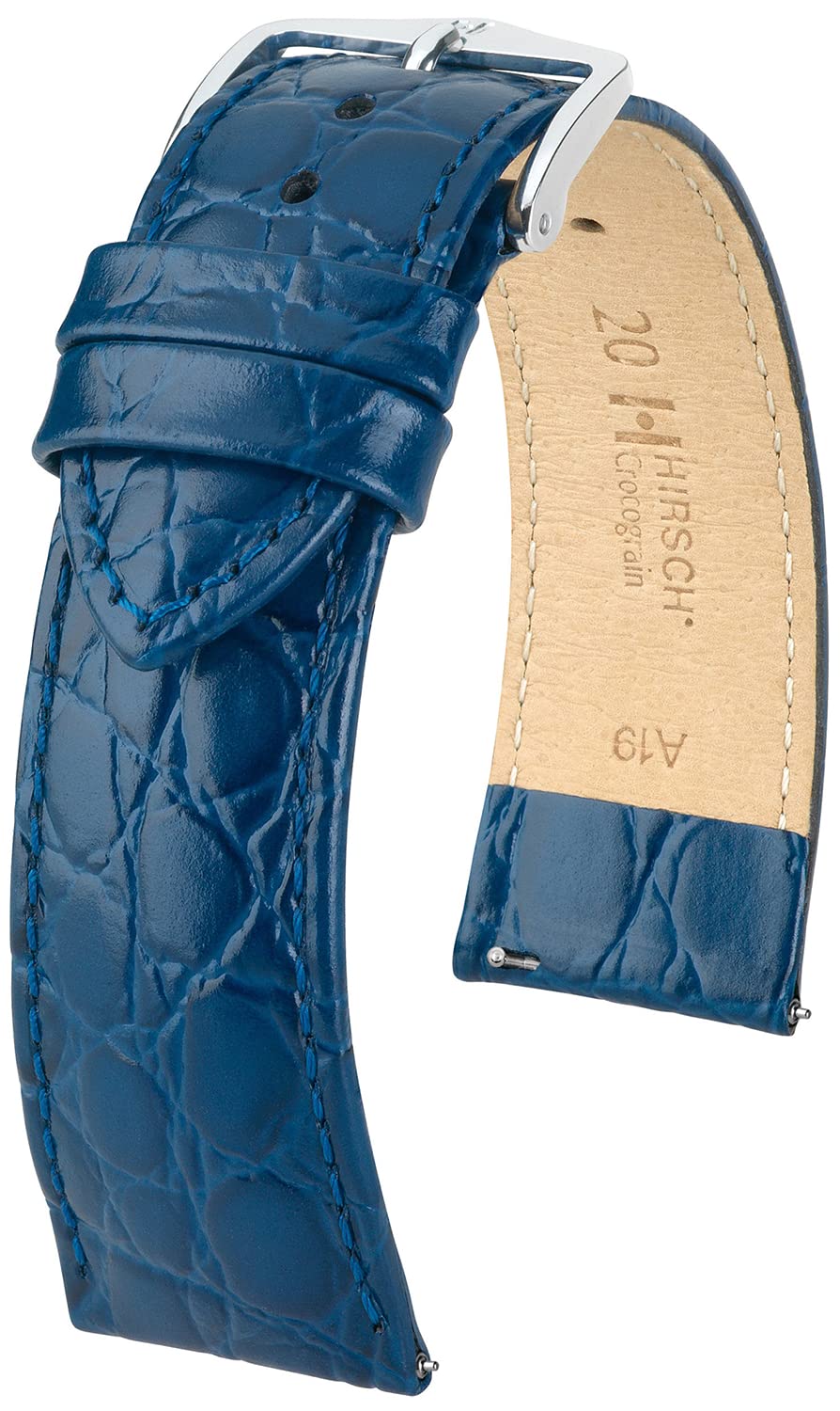 HIRSCH Uhren-Armband Crocograin - Uhr-Band aus glänzendem Kalbs-Leder mit Krokodil-Prägung 14 mm Bla