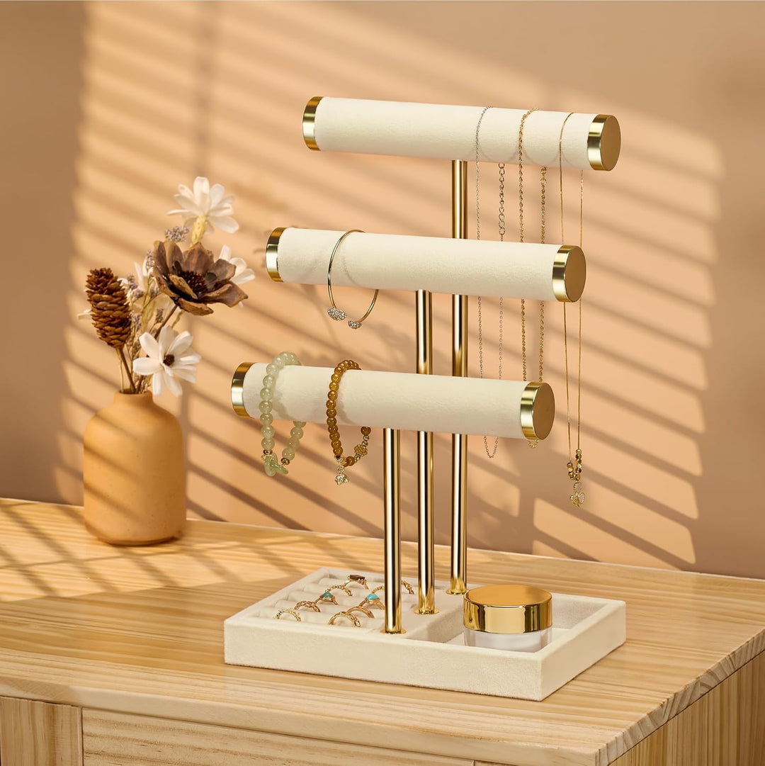 Schmuck Organizer mit 3 Ebenen - Beige Schmuckständer Armbänder, Abnehmbarer T-Steg Schmuck Ständer,