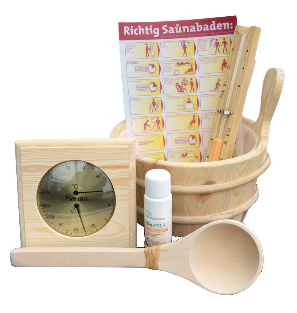 SAUNA SET 7tlg: Kübel ca. 4 Liter, Kunstoffeinsatz, Kelle, Sanduhr, Thermo-/Hygrometer mit Holzrahme